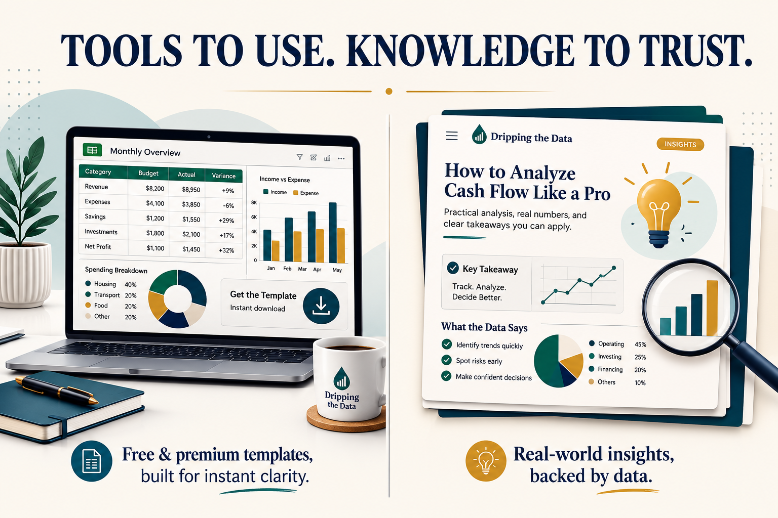 Financial analysis tools, Excel dashboard templates, and cash flow insights featured on the Dripping the Data website.